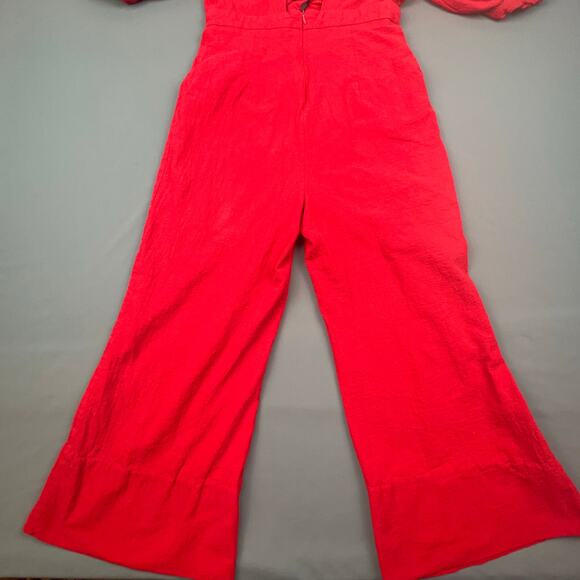 Mulla Red Linen Jumpsuit | Puff Sleeves Deep V Tie Back | Size M - Picture 7 of 10